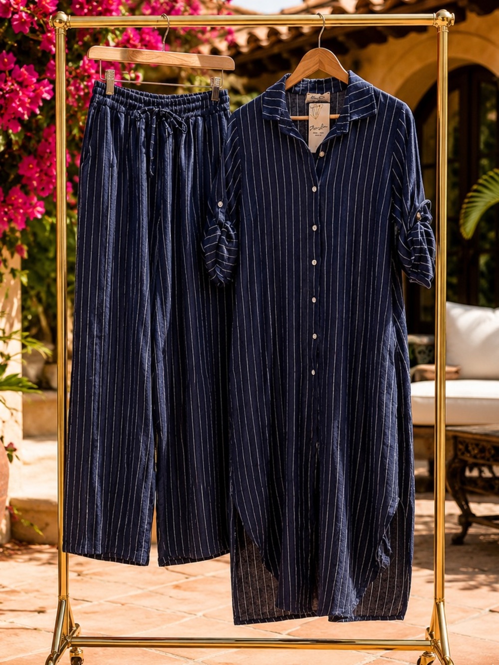 Puro Lino 100% Italian Linen Pinstripe Maxi Dress and Drawstring Pants Set OS